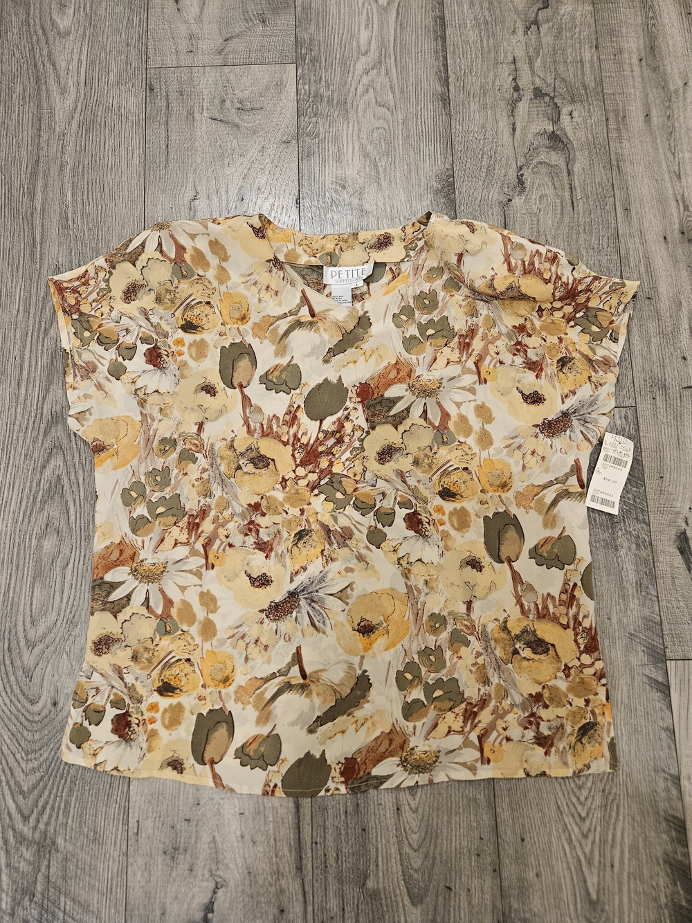 Petite Sophisticate Cream Floral Cottagecore 100% Silk  Blouse Sz.L